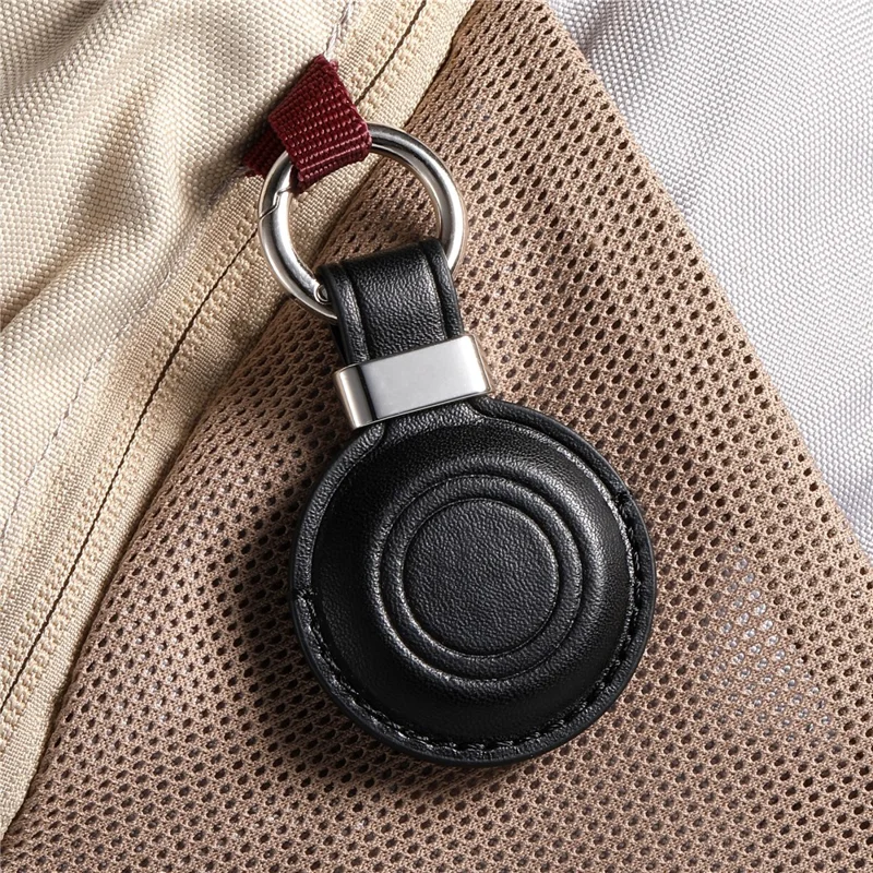 For Apple AirTag Tracker PU Leather Case Round Protective Cover with Metal Hook - Black