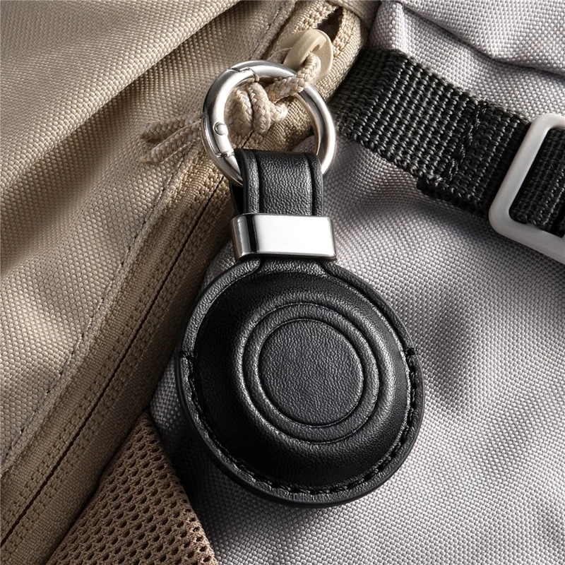 For Apple AirTag Tracker PU Leather Case Round Protective Cover with Metal Hook - Black