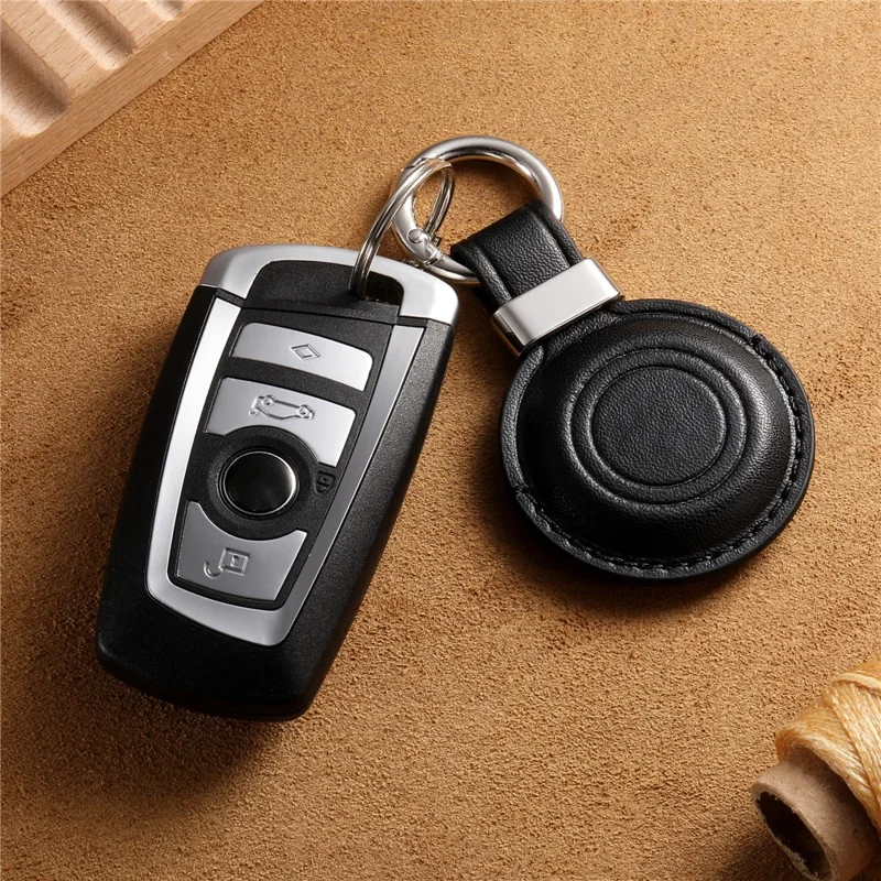 For Apple AirTag Tracker PU Leather Case Round Protective Cover with Metal Hook - Black