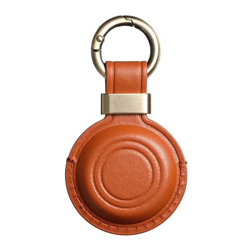 For Apple AirTag Tracker PU Leather Case Round Protective Cover with Metal Hook - Brown