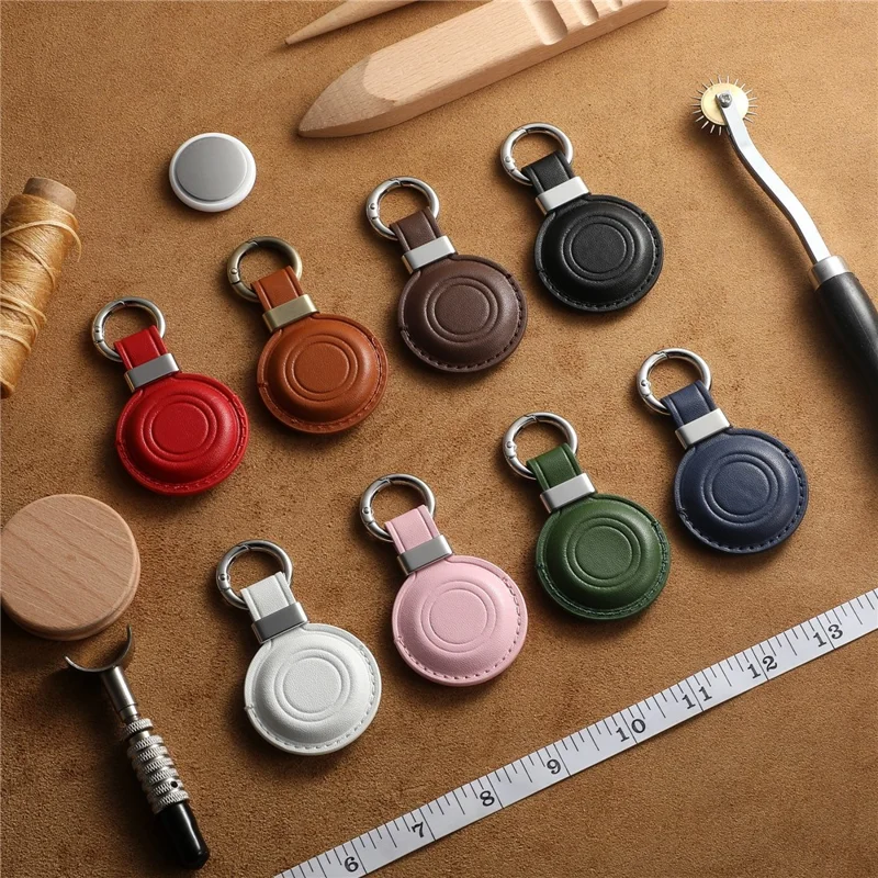 For Apple AirTag Tracker PU Leather Case Round Protective Cover with Metal Hook - Brown