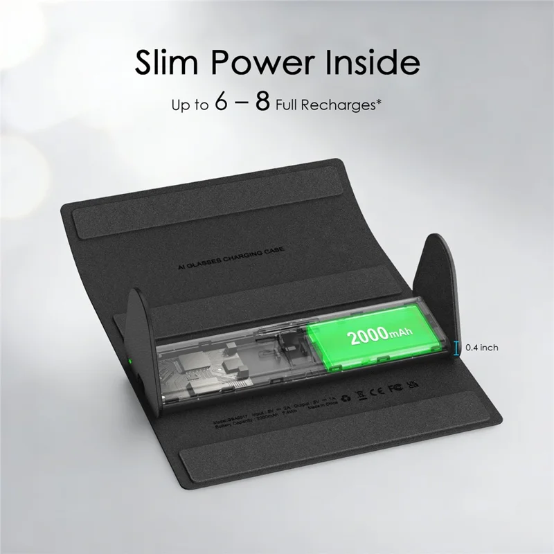 Boîtier pliable 2000mAh Boîtier de rangement avec chargeur sans fil pour lunettes intelligentes Meta Ray-Ban Wayfarer / Skyler / Headliner / Oakley HSTN - Noir