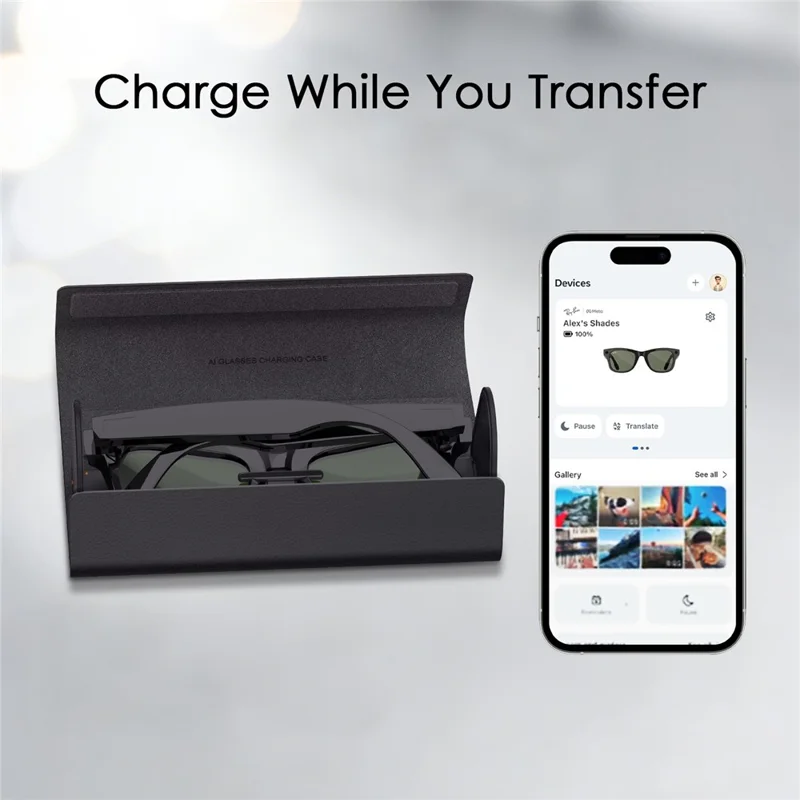 Boîtier pliable 2000mAh Boîtier de rangement avec chargeur sans fil pour lunettes intelligentes Meta Ray-Ban Wayfarer / Skyler / Headliner / Oakley HSTN - Noir