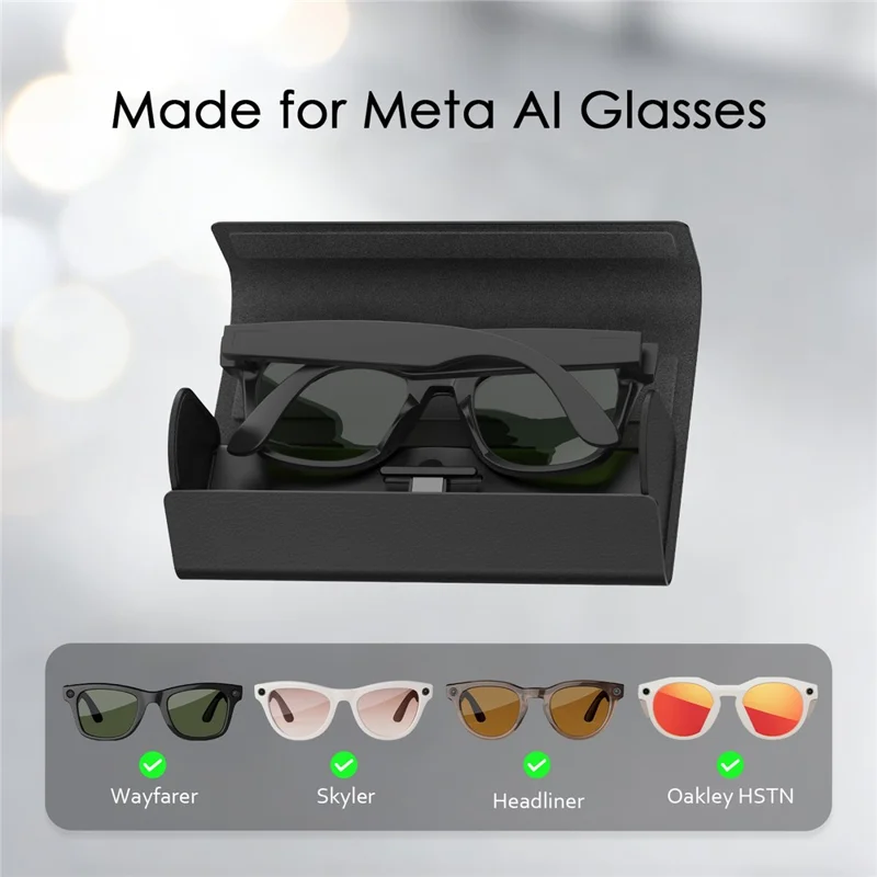 Boîtier pliable 2000mAh Boîtier de rangement avec chargeur sans fil pour lunettes intelligentes Meta Ray-Ban Wayfarer / Skyler / Headliner / Oakley HSTN - Noir