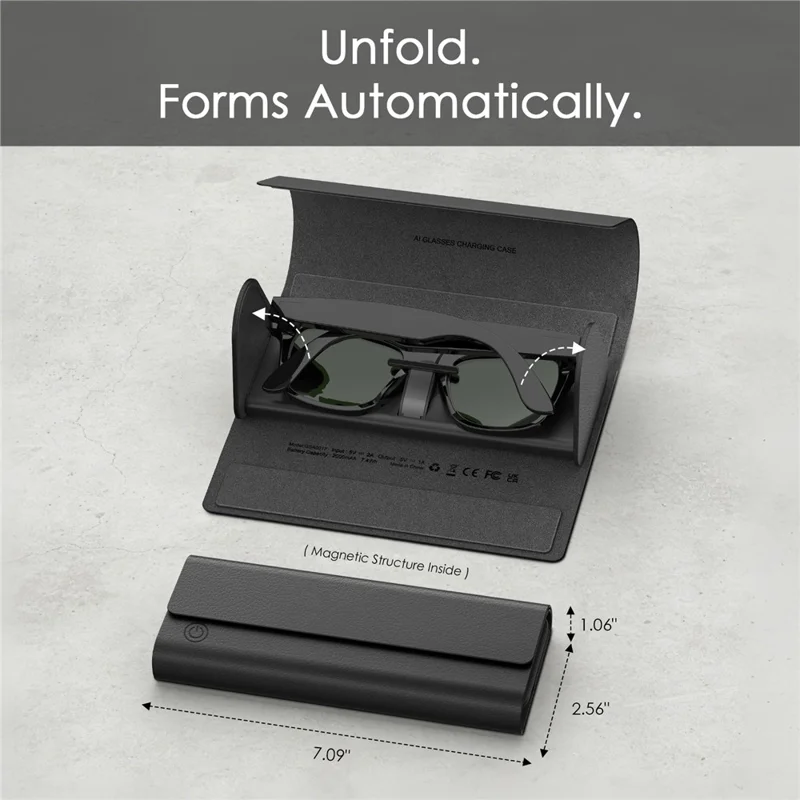 Boîtier pliable 2000mAh Boîtier de rangement avec chargeur sans fil pour lunettes intelligentes Meta Ray-Ban Wayfarer / Skyler / Headliner / Oakley HSTN - Noir