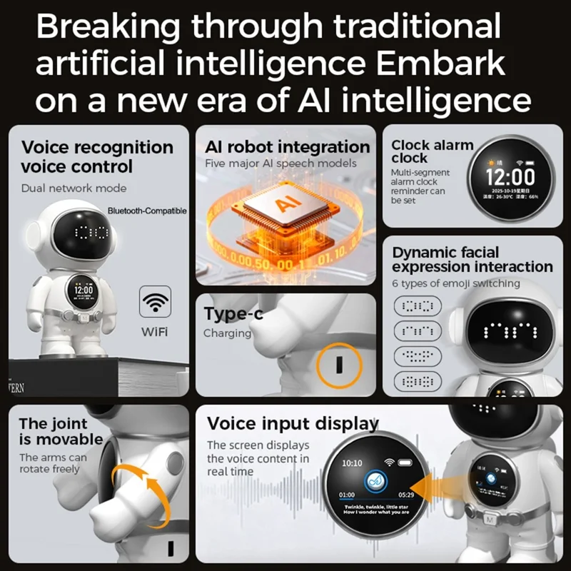 BOWAI OBC8 AI Smart Robot Desktop Companion Bluetooth-compatible WiFi Voice Chat Learning Assistant with LED Display - White