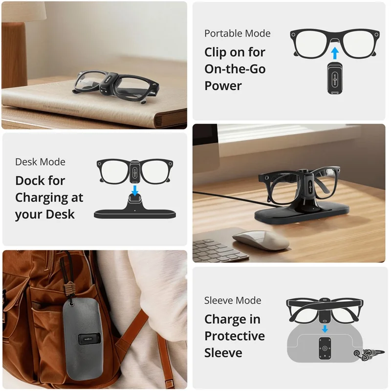 BOBOVR CG2 Charging Dock for Meta Ray-Ban Wayfarer / Skyler / Headliner Smart AI Glass 3 in 1 Charging Station with Portable Battery Clip and Travel Case - Black
