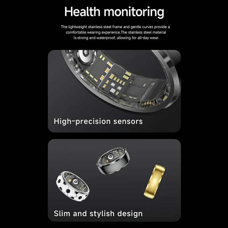 SY15 Smart Ring Health Monitor with Charging Case Vibration Alerts IP68 Waterproof Heart Rate Blood Oxygen Sleep Tracking Finger Ring - Gold 11