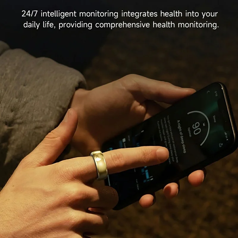 SY15 Smart Ring Health Monitor with Charging Case Vibration Alerts IP68 Waterproof Heart Rate Blood Oxygen Sleep Tracking Finger Ring - Gold 11