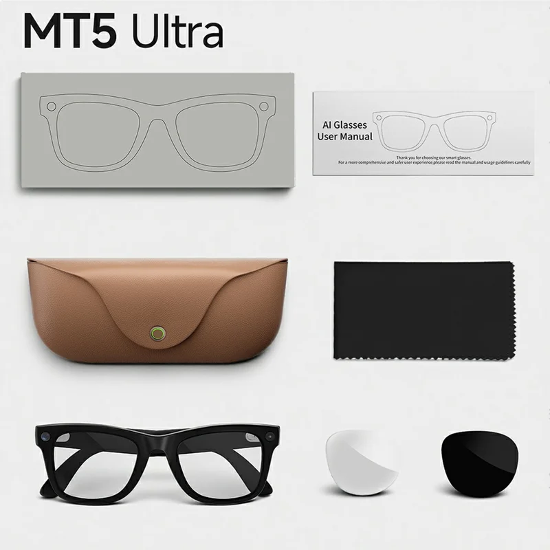 MT5 Ultra Smart Glasses 8MP Camera AI Real-Time Translation Bluetooth-compatible Call Eyeglasses with 2000mAh Charging Case - Black