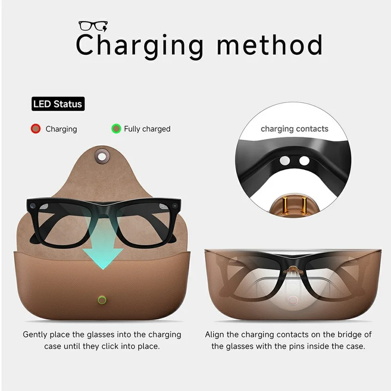 MT5 Ultra Smart Glasses 8MP Camera AI Real-Time Translation Bluetooth-compatible Call Eyeglasses with 2000mAh Charging Case - Black