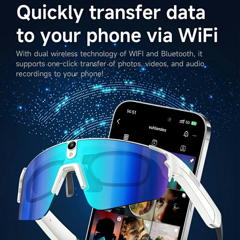 Lunettes intelligentes L805 avec caméra AI, enregistrement vidéo 4K, stabilisation EIS, lunettes audio compatibles Bluetooth - Noir Bleu