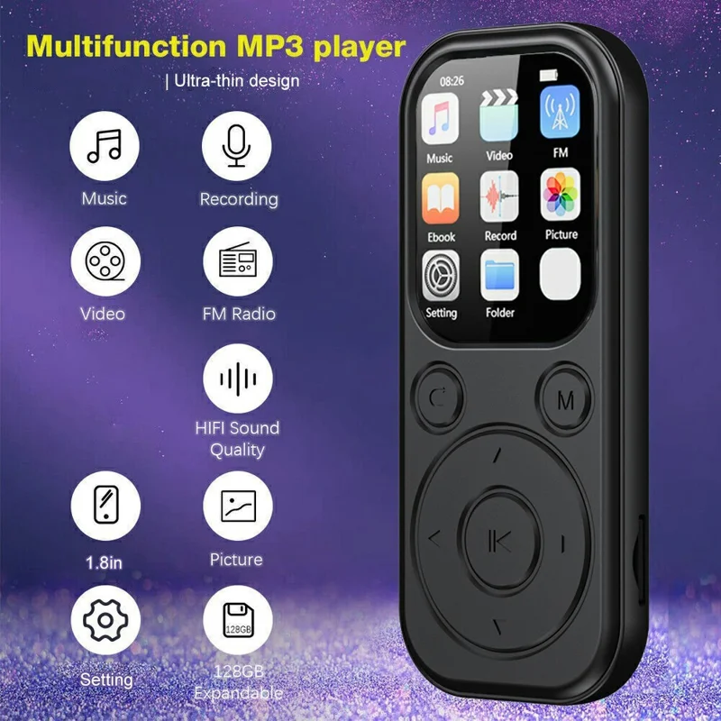 MP3-01D Odtwarzacz MP3/MP4 z kartą TF 8 GB, 1,8-calowy ekran TFT, Bluetooth 5.4, radio FM, odtwarzacz wideo – Czarny