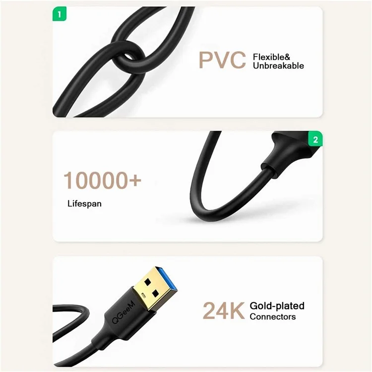 QGEEM QG-CVQ19 Câble de données haute vitesse doré 1,8 m USB 3.0 mâle vers mâle Adaptateur pour ordinateur portable