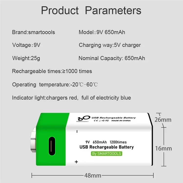 Smartoools 1pc 9v 650mAh Tipo c Recarregável Bateria de Íon de li de li Para o Helicóptero RC Multímetro