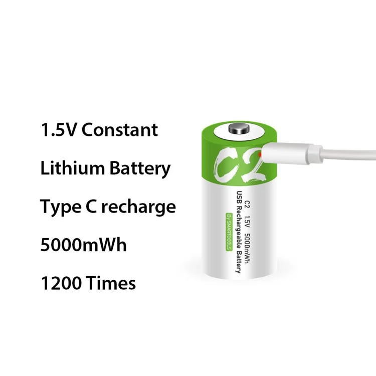 SMARTOOOLS 2Pcs 1.5V 5000mWh C Size Battery Rechargeable C2 Lithium Batteries for Water Gas Meter Radio Shaver