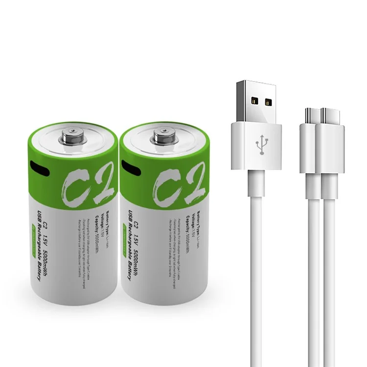 SMARTOOOLS 2Pcs 1.5V 5000mWh C Size Battery Rechargeable C2 Lithium Batteries for Water Gas Meter Radio Shaver