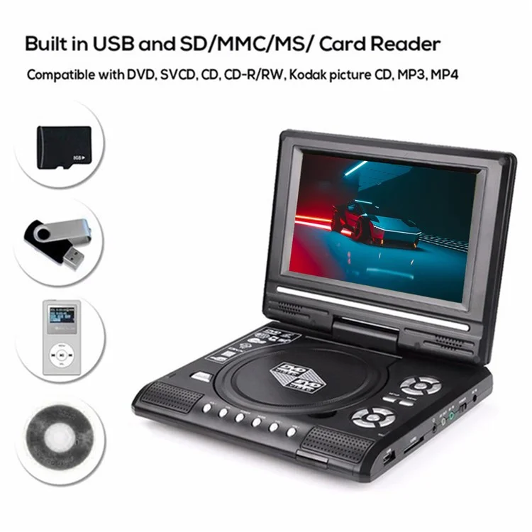 Écran LCD HD de 7,8 pouces Lecteur DVD portable avec lecteur TV - Support carte SD / MMC / fonction de jeu / port USB - Prise AU