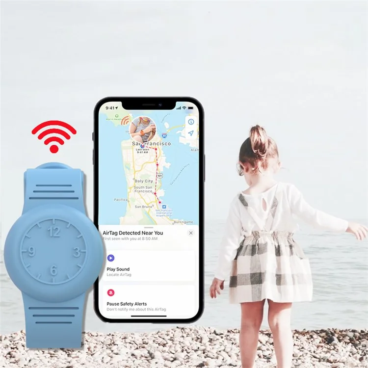 Para Apple AirTag Tracker Soft Cover Kids Watch Band Silicone Wrist Strap with Clock Numbers - Baby Blue