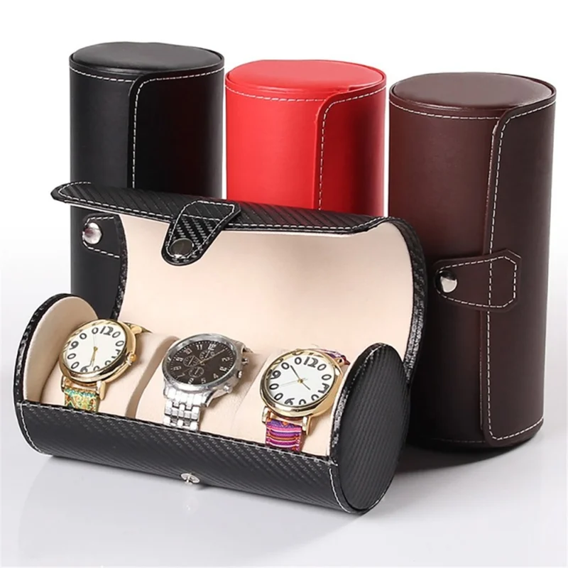 3-Grid Cylindrical Watch Storage Box Leather Watch Storage Case - Black