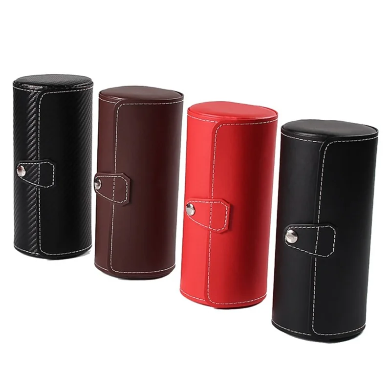 3-Grid Cylindrical Watch Storage Box Leather Watch Storage Case - Black