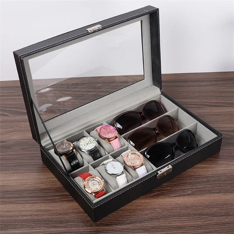 9 Fächer Gläser Und Ansehen Organizer Box PU-Lederglas-Top-Display-Fall