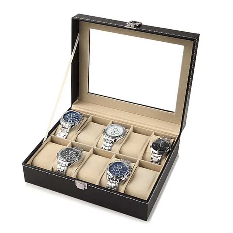 10 Fächer Watch Organizer Box PU-Lederglas-Top-Display-Fall