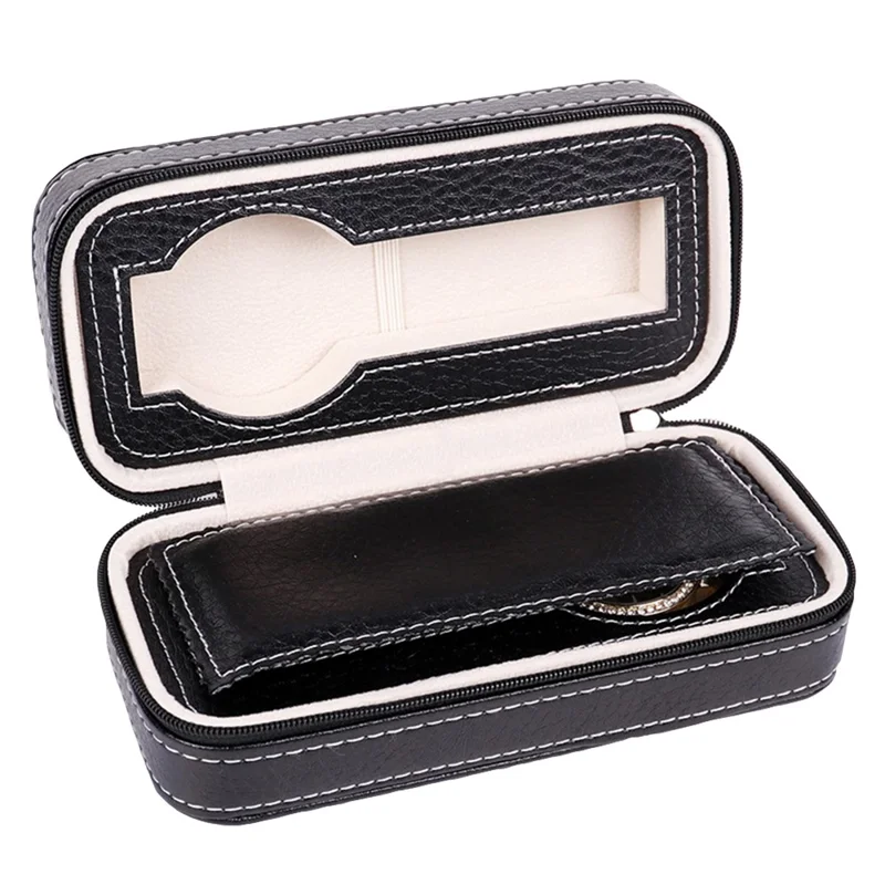 2 Grids Watch Storage Box Leather Zipper Portable Watch Case - Black