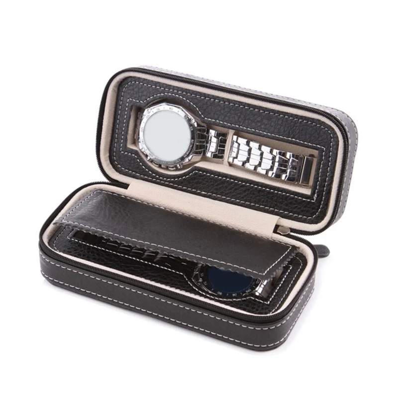 2 Grids Watch Storage Box Leather Zipper Portable Watch Case - Black