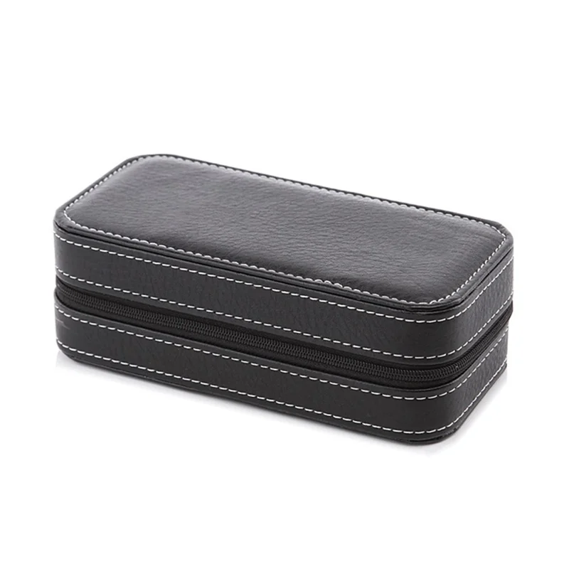 2 Grids Watch Storage Box Leather Zipper Portable Watch Case - Black