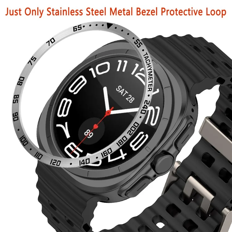 Type E for Samsung Galaxy Watch Ultra 47mm Bezel Ring Stainless Steel Bezel Loop Adhesive Cover - Silver  /  Black Characters