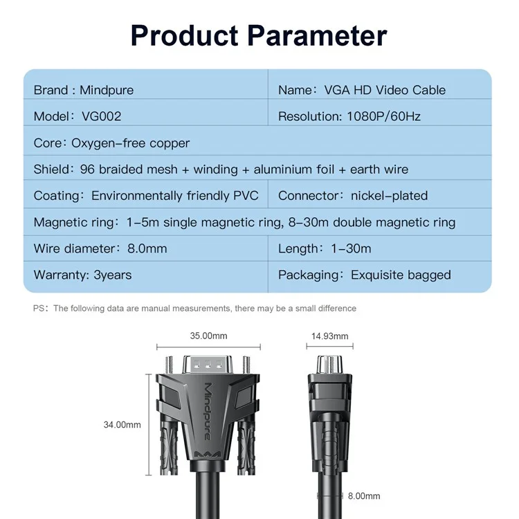 MINDPURE VG002 5m VGA 3 + 6 1080P Câble Vidéo HD Pour Les Ordinateurs Portables Moniteurs Projecteurs