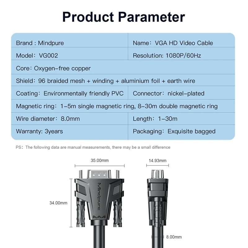 MINDPURE VG002 3m VGA 3+6 1080P HD Video Cable for Laptops Monitors Projectors