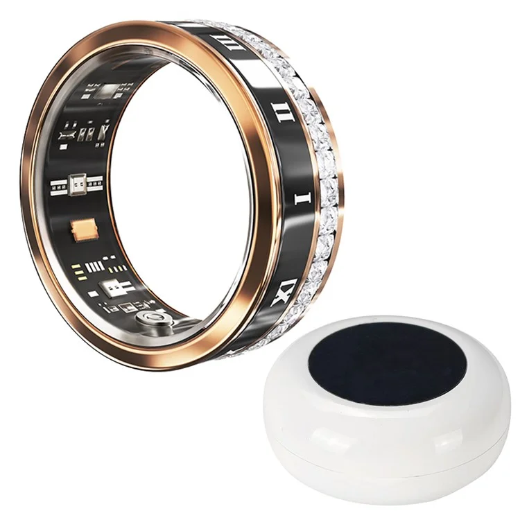 Darings Bluetooth-compatible Health Monitoring Smart Ring Rhinestone Decor Finger Ring, with Charging Case - Gold / Size 8