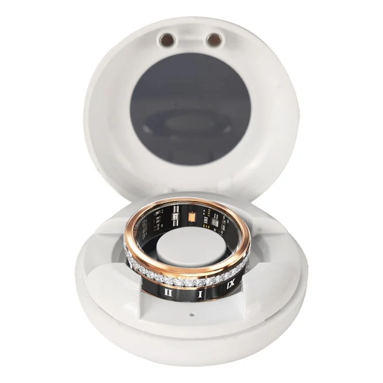 Darings Bluetooth-compatible Health Monitoring Smart Ring Rhinestone Decor Finger Ring, with Charging Case - Gold / Size 8