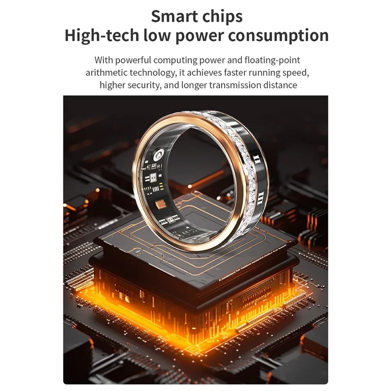 Darings Bluetooth-compatible Health Monitoring Smart Ring Rhinestone Decor Finger Ring, with Charging Case - Gold / Size 8