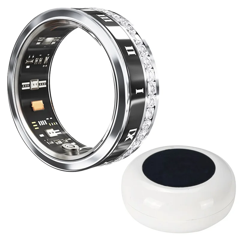 Darings Bluetooth-compatible Health Monitoring Smart Ring Rhinestone Decor Finger Ring, with Charging Case - Silver / Size 10