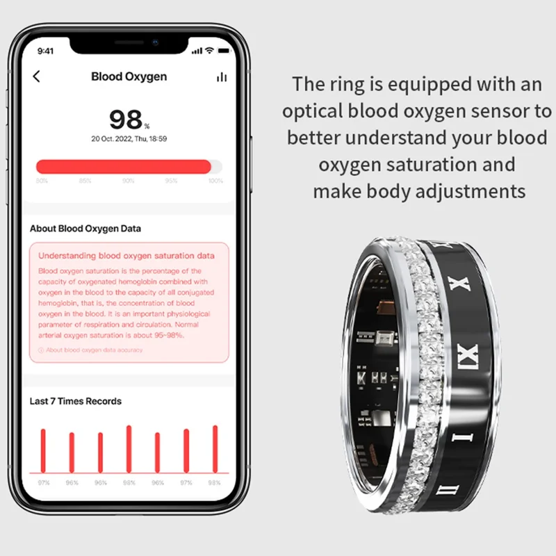 Darings Bluetooth-compatible Health Monitoring Smart Ring Rhinestone Decor Finger Ring, with Charging Case - Silver / Size 10