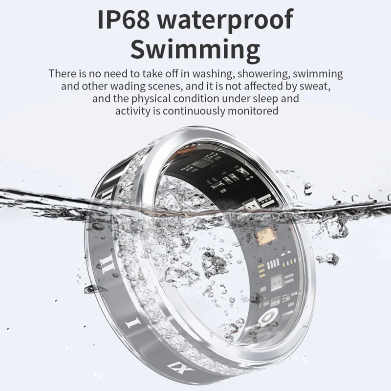 Darings Bluetooth-compatible Health Monitoring Smart Ring Rhinestone Decor Finger Ring, with Charging Case - Silver / Size 10