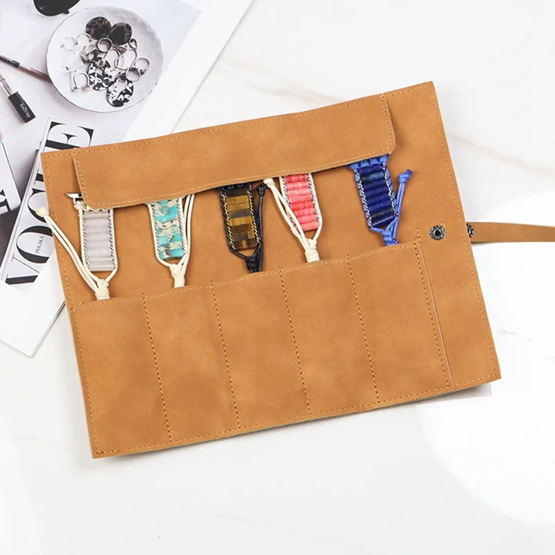 Retro Matte Smart Watch Storage Bag 5-Grid Microfiber Leather Watch Band Carrying Pouch - Brown