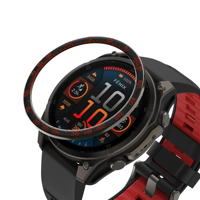 For Garmin Fenix 8 43mm Watch Bezel Scale Design Stainless Steel Protective Ring - Black + Red
