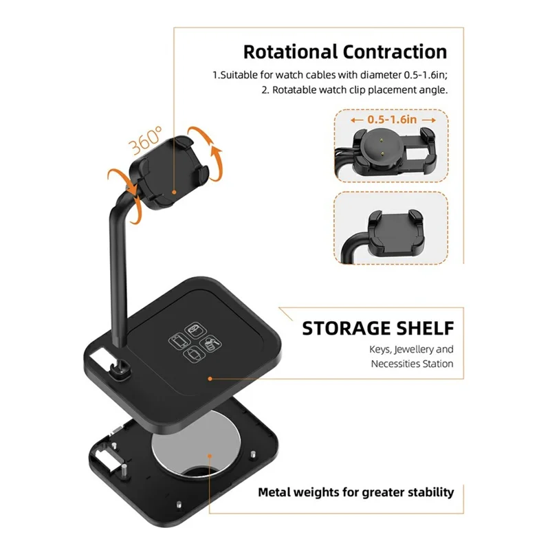 AODUKE AJZJ02S Watch Charging Base Stand for Google / Huawei / Garmin / Samsung Watch Charger Dock - Black