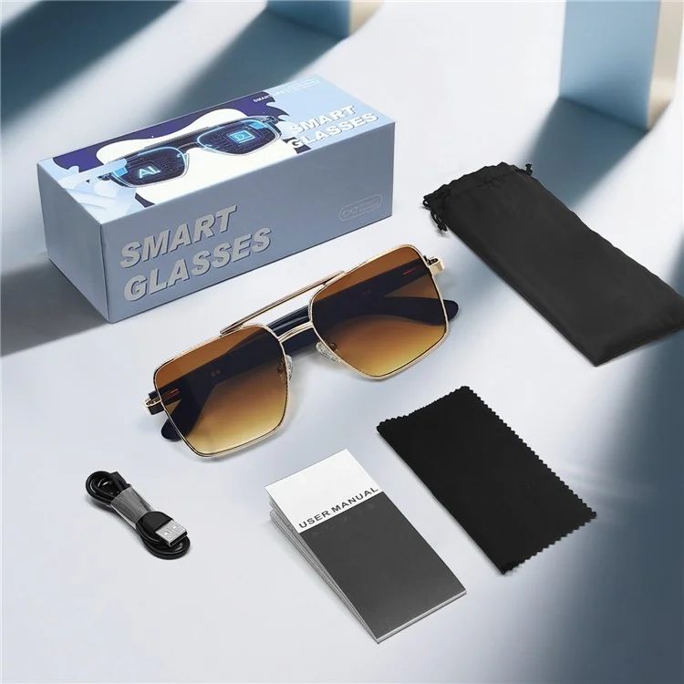 GT30 Smart Audio Glasses Hall Automatic Switch Metal Spring Hinge Stainless Steel Frame Sunglasses - Gold Frame / Brown Lens