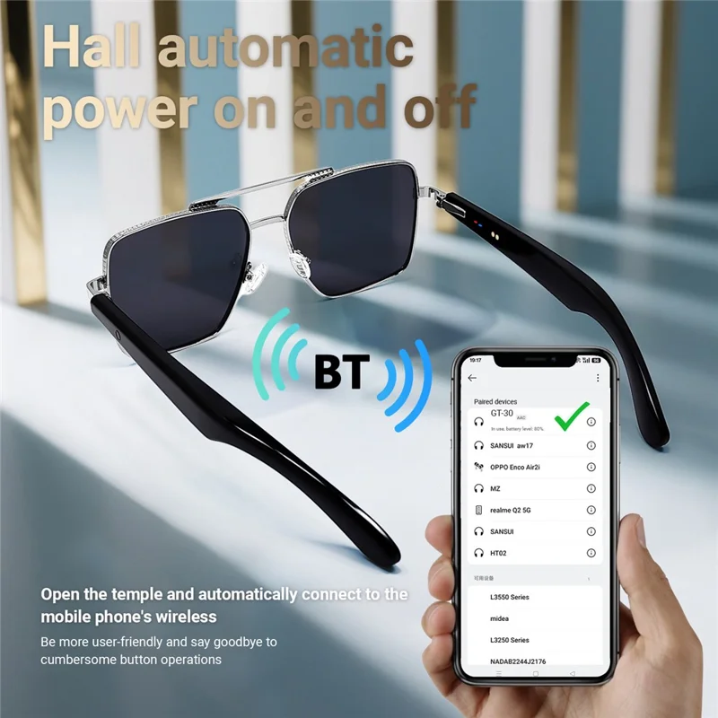 GT30 Smart Audio Glasses Hall Automatic Switch Metal Spring Hinge Stainless Steel Frame Sunglasses - Gold Frame / Blue Lens