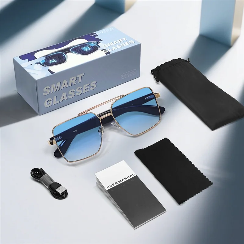 GT30 Smart Audio Glasses Hall Automatic Switch Metal Spring Hinge Stainless Steel Frame Sunglasses - Gold Frame / Blue Lens