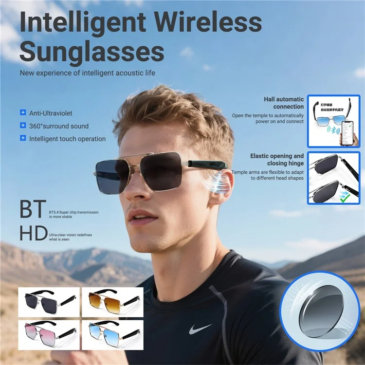 GT30 Smart Audio Glasses Hall Automatic Switch Metal Spring Hinge Stainless Steel Frame Sunglasses - Silver Frame / Black Lens