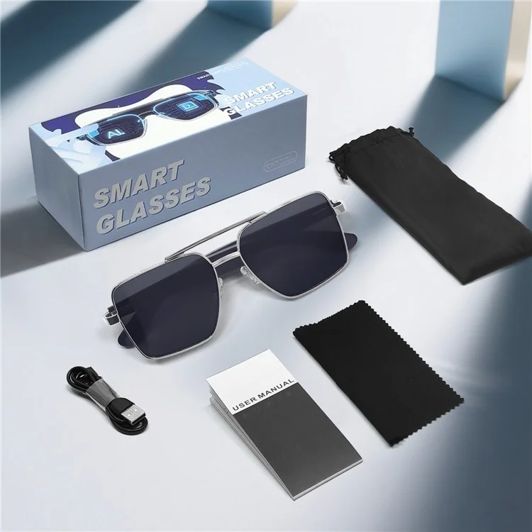 GT30 Smart Audio Glasses Hall Automatic Switch Metal Spring Hinge Stainless Steel Frame Sunglasses - Silver Frame / Black Lens
