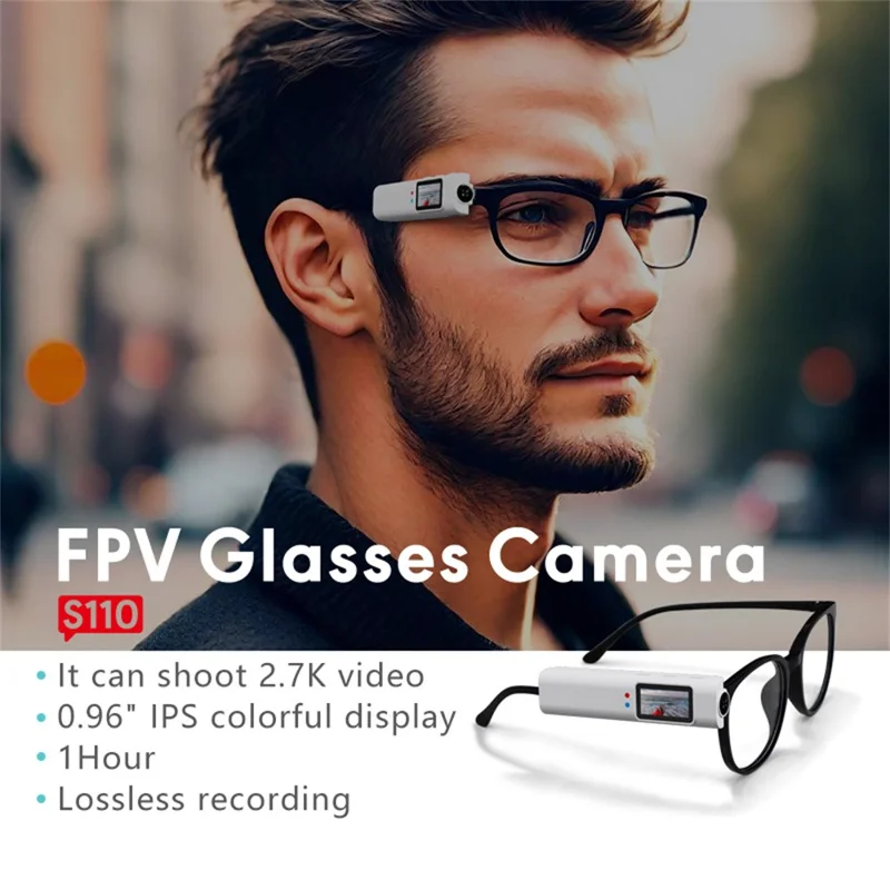 S110 Erste-Person-Perspektive Brille Kamera mit IPS Display, WiFi App-Steuerung, 2,7K Ultra HD Videorekorder mit 32 GB TF-Karte - Weiß