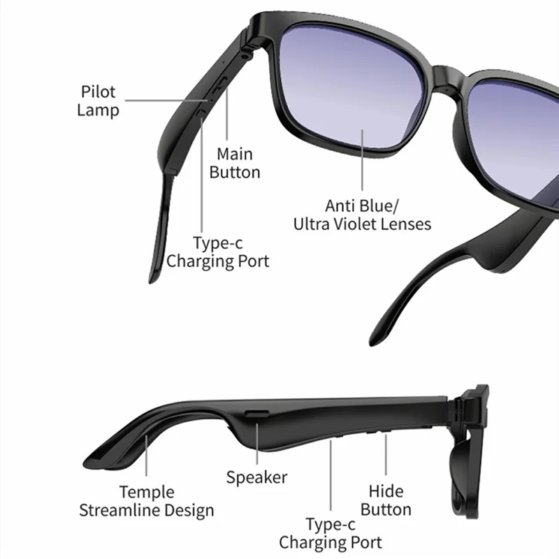 J20E Smart Glasses with Microphone Music Playback Voice Assistant Enabled IPX4 Waterproof - Sunglasses