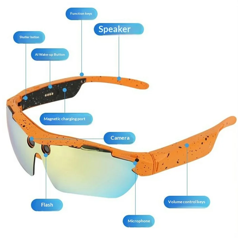 V30 AI Smart Cycling Glasses 8MP Dual Channel Stereo Music Glasses Voice Call Real-Time Translation - Orange